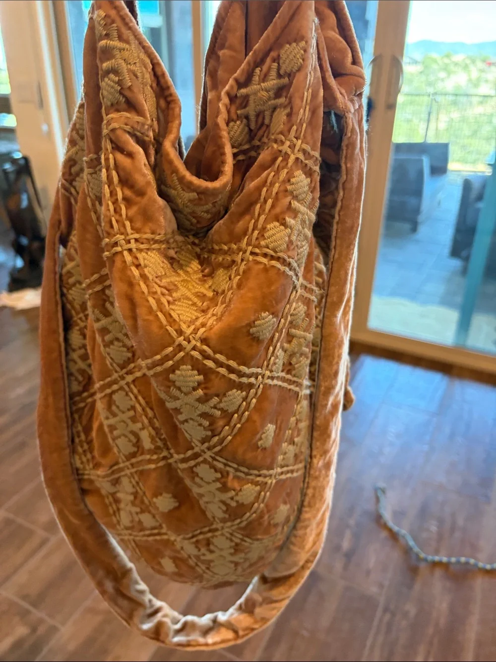 Johnny Was Tan Velvet Tote with Red Floral Embroidery